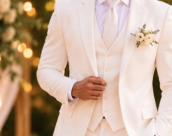 Trajes de lino para hombre, traje de boda de verano: traje de boda de tres piezas de corte ajustado.