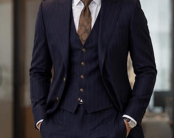 Navy Blue Pinstripe 3 Piece Suit, Terry Rayon Slim Fit, Executive Business Wedding Outfit Suit: Slim Fit Wedding Suit