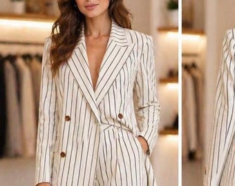 Trajes de dos piezas para mujer con forro a rayas, atuendo de negocios, traje de cena para mujer