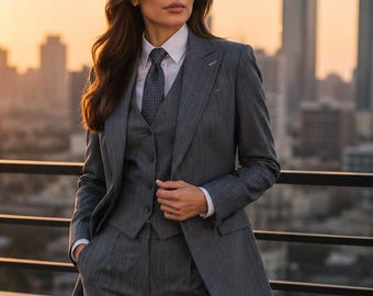 Women’s Pinstripe Power Suit Tailored 3 Piece Business Suit Women Executive Office Wear Formally