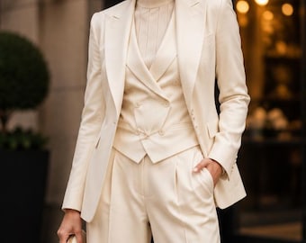Women Formal Suits Pleated Trouser Suit: 3-Piece Wedding Ceremony Outfit for Bride
