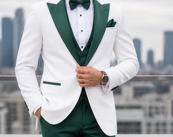 Herren 3-teilige Anzüge Groomsmen Hochzeitsoutfit Anzüge Herren Weiß GrünSlim Fit Bräutigam Anzug