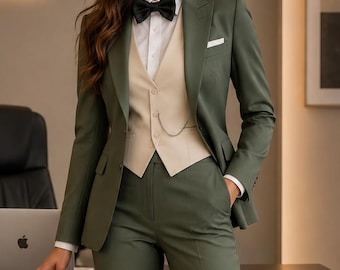 Women's Green 3 Piece Suit Set, Blazer Vest & Pants, Business Pantsuit, Office Wear Suit, Formal Wedding Guest Outfit, Custom Tailored Suit