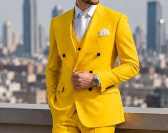 Terno masculino de duas peças para padrinhos de casamento, terno amarelo slim fit.