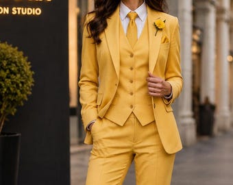 Women’s Yellow 3 Piece Suit Emerald Green Pantsuit, Double Breasted Blazer, Vest & Wide Leg Pants, Formal Business Suit, Wedding Guest