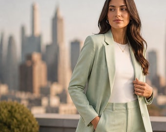 Traje de dos piezas verde para mujer: conjunto de blazer, chaleco y pantalón a medida, ropa moderna para negocios o la oficina.