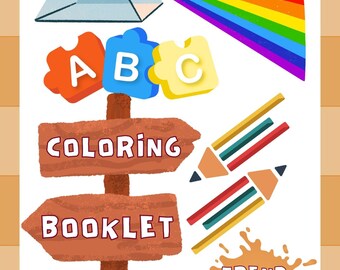 May include: A vibrant illustration for a colouring booklet. The image shows a prism refracting light into a rainbow, ABC letters, wooden signs reading "COLOURING BOOKLET", pencils, and the text "TREND BUDDIE".