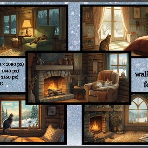 Puede incluir: Cinco fondos de pantalla digitales para PC con temática de cabaña. Cada escena presenta una chimenea cálida, una ventana con vistas nevadas y un gato. La imagen incluye texto que indica las opciones de resolución: Full HD, 2K y 4K.