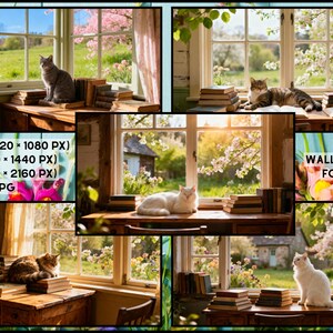 Puede incluir: Un collage de cinco imágenes con gatos cerca de ventanas con libros. Las escenas están ambientadas en un entorno brillante y soleado con árboles en flor. El texto indica las resoluciones disponibles: Full HD, 2K y 4K. También se ve el texto "5 WALLPAPERS FOR PC".