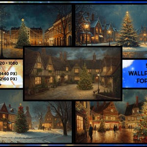 Puede incluir: Un collage de cinco imágenes de arte digital que representan escenas navideñas en un pueblo europeo. Cada imagen muestra calles nevadas, edificios iluminados y árboles de Navidad decorados. El texto "5 WALLPAPERS FOR PC" es visible.