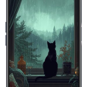 May include: Digital art of a black cat sitting on a windowsill, gazing out at a rainy forest scene. The window is framed by a dark curtain, with a table holding a glass, a bottle, and a potted plant.