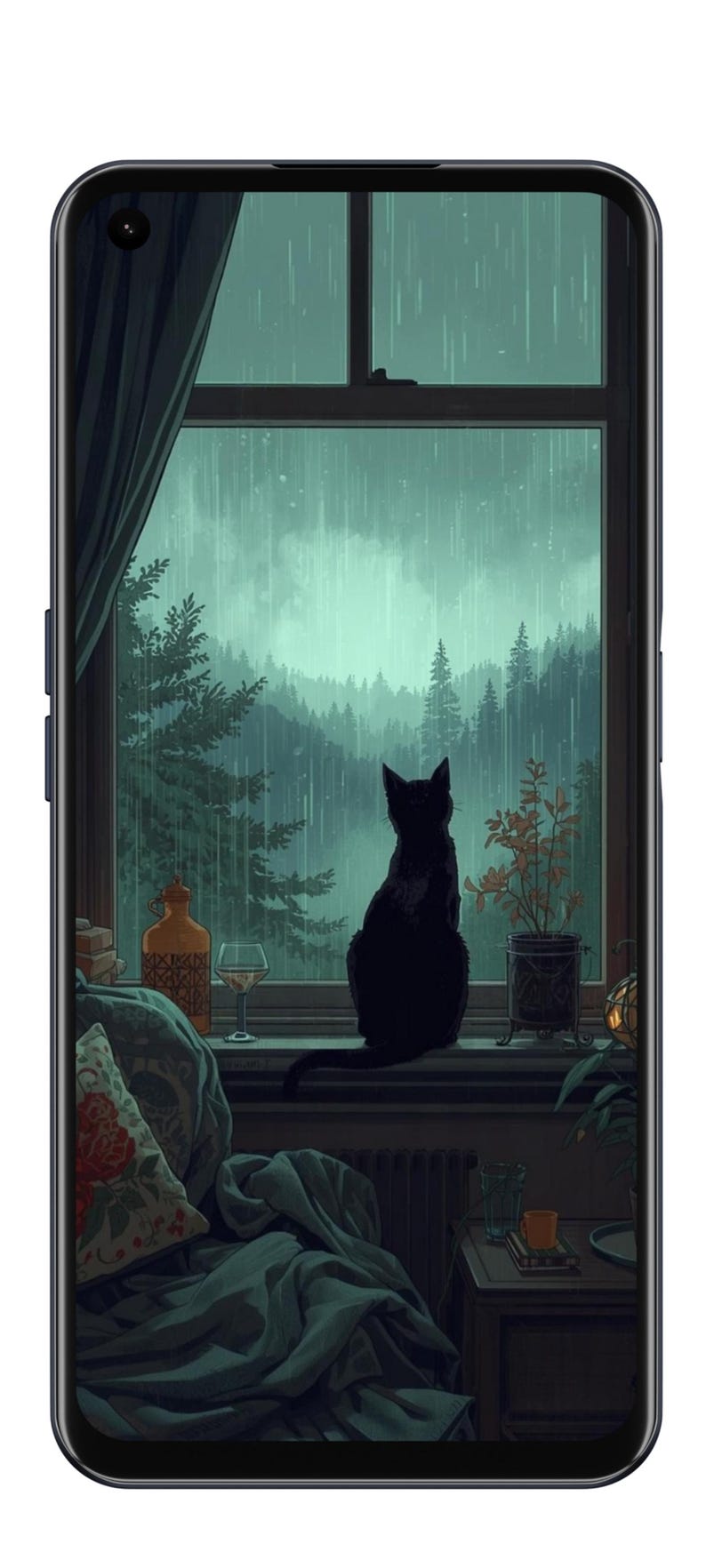 May include: Digital art of a black cat sitting on a windowsill, gazing out at a rainy forest scene. The window is framed by a dark curtain, with a table holding a glass, a bottle, and a potted plant.
