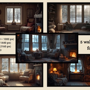 Op de afbeelding: Een collage van vijf gezellige interieurscènes, elk met een raam met uitzicht op een besneeuwd landschap. De kamers zijn ingericht met fauteuils, open haarden en warme verlichting. Tekst op de afbeelding luidt "Full HD (1920 x 1080 px), 2K (2560 x 1440 px), 4K (3840 x 2160 px), PNG, 5 wallpapers for pc."