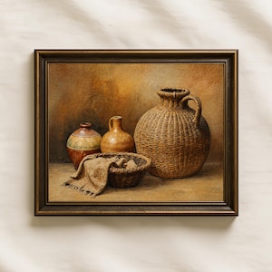 Rustic Still Life Wall Art Printable, Vintage Farmhouse Decor, Woven Basket and Pottery Painting, Old World Cottage Kitchen Art