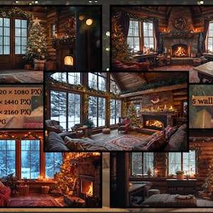 Op de afbeelding: Een collage van gezellige hutinterieurs, elk met een open haard, kerstboom en grote ramen met uitzicht op een besneeuwd landschap. De afbeelding bevat tekst die de wallpaper resoluties aangeeft.