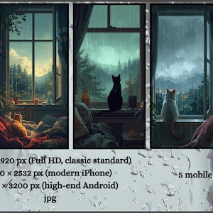 Puede incluir: Obra de arte digital que presenta cinco paneles de gatos mirando por ventanas durante una tormenta. Cada panel muestra un gato diferente, con diversos colores y patrones, observando el paisaje. El fondo incluye montañas y árboles.