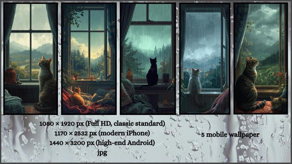 Cozy Cat Rainy Day Phone Wallpaper Pack | Aesthetic Window View Mobile Backgrounds | Cute Cat Wallpapers for iPhone & Android