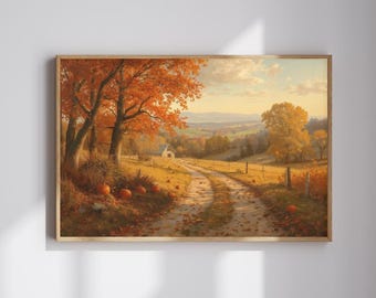 Autumn wall art, Farmhouse Wall Art Print - Rustic Fall Landscape with Pumpkins, Country Road and Golden Trees - Cozy Cottage Decor