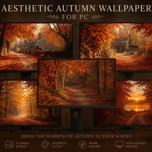 Puede incluir: Cinco fondos de pantalla digitales de otoño para PC mostrados en monitores. Las imágenes presentan follaje otoñal naranja y rojo, casas de piedra, senderos forestales y un atardecer sobre el agua. Texto: 5 AESTHETIC AUTUMN WALLPAPERS FOR PC.