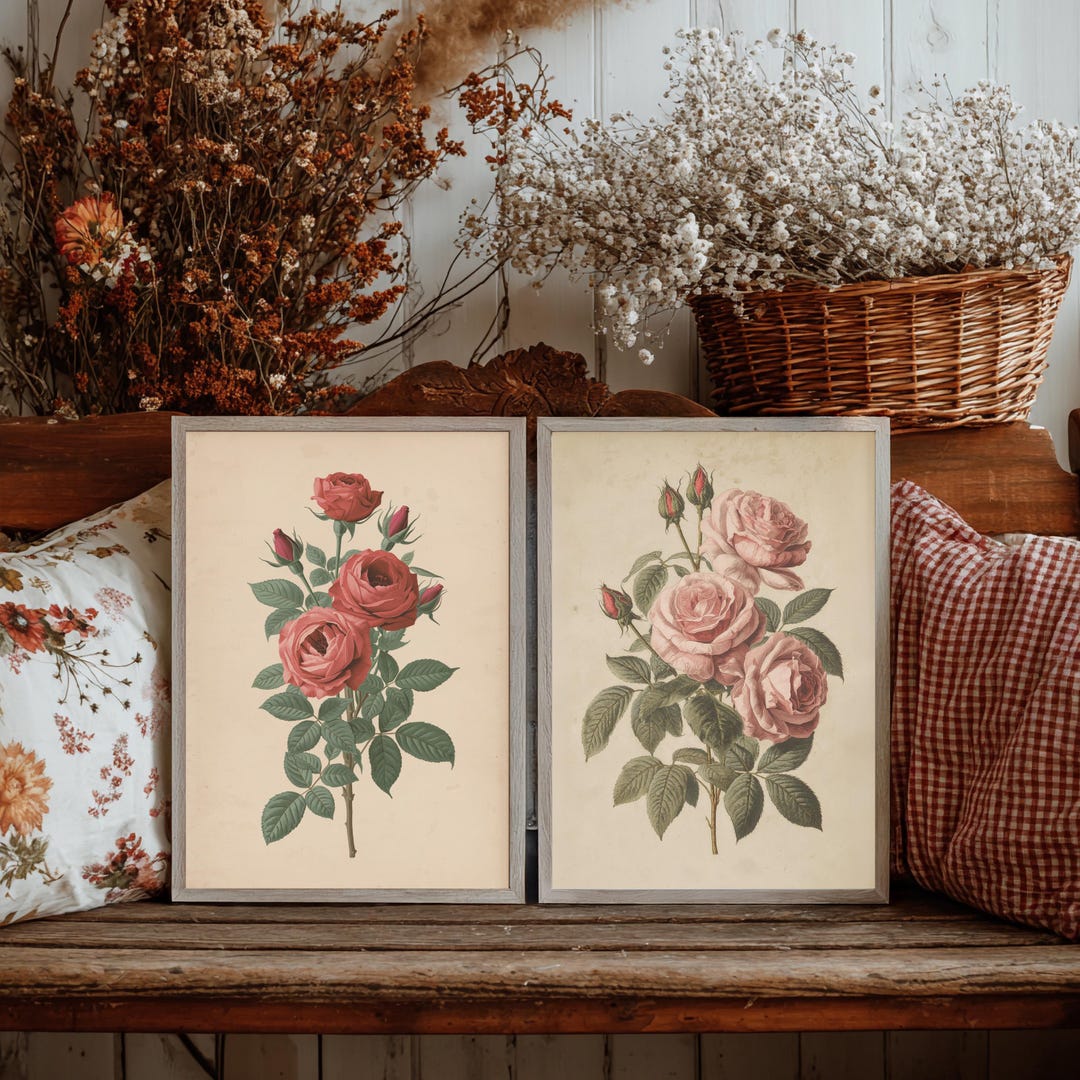 Vintage Rose Wall Art Set of 2 Printable, Cottagecore Floral Prints ...