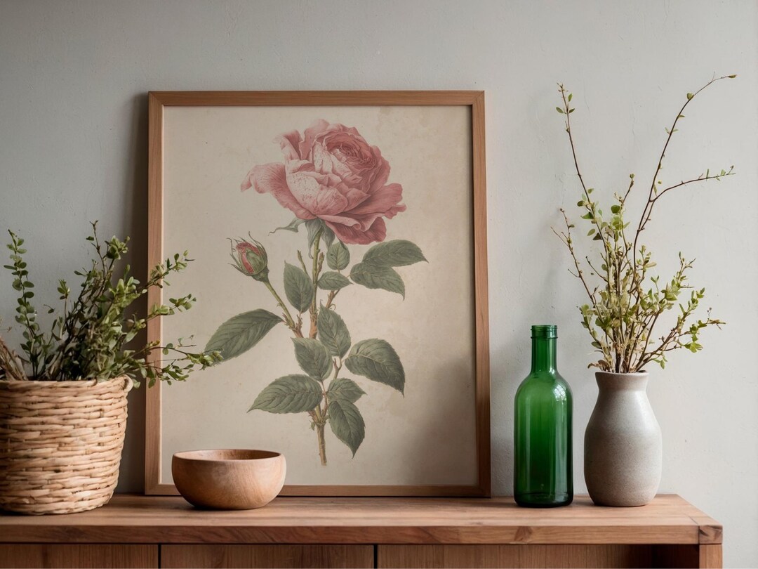 Antique Pink Rose Botanical Print, Vintage Floral Wall Art Printable ...