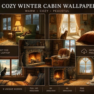 May include: A digital collection titled 5 COZY WINTER CABIN WALLPAPERS featuring five distinct scenes of cats in rustic interiors with fireplaces, snowy window views, and warm lighting. Includes text labels for PC, laptop, and instant download PNG files.