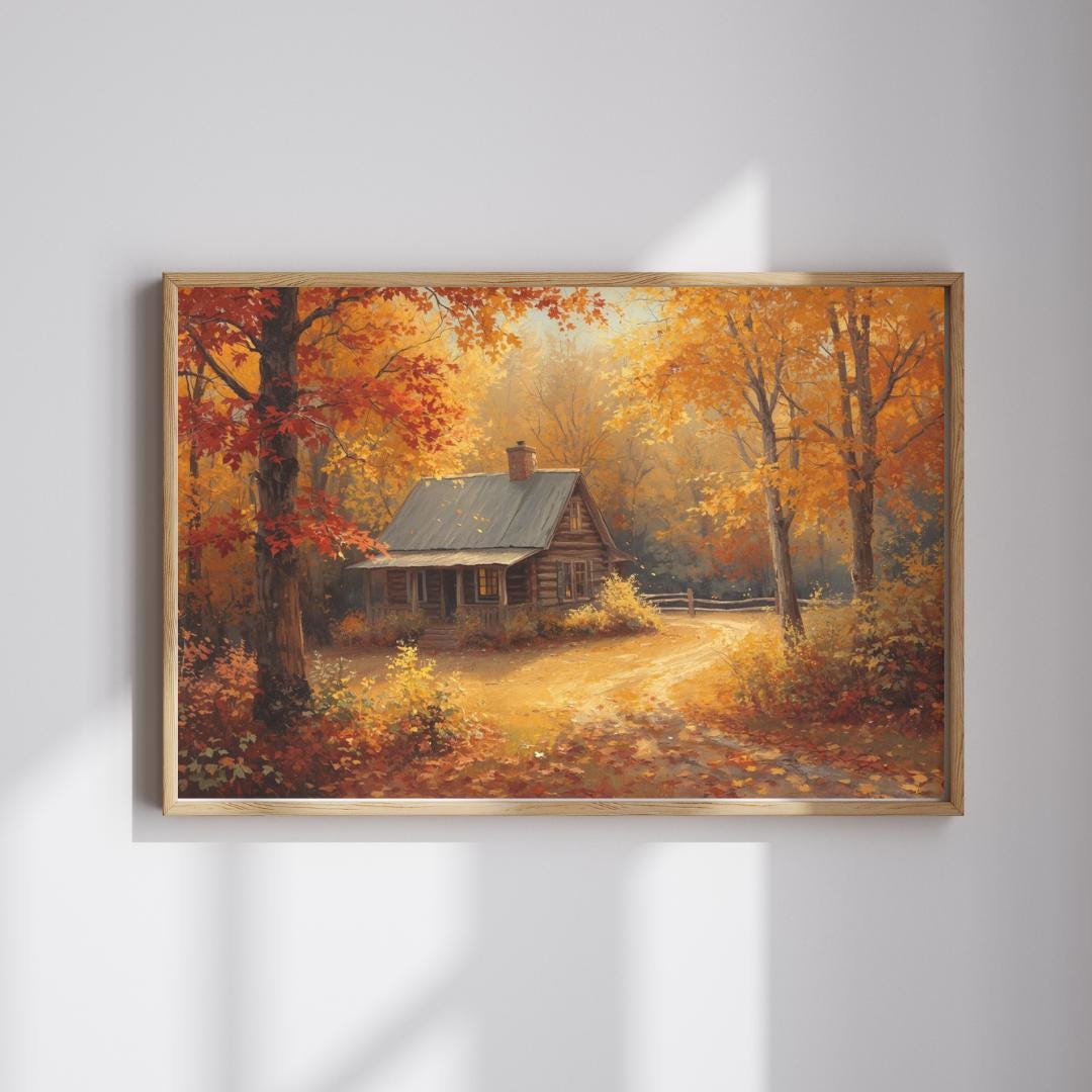 Fall Foliage Wall Art – Rustic Cabin in Forest – Country Cottage Print ...