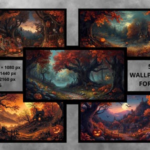 Puede incluir: Cinco fondos de pantalla digitales con temática de Halloween para PC, con escenas de bosques otoñales con calabazas talladas, árboles y una atmósfera espeluznante. La imagen incluye detalles de resolución: Full HD, 2K y 4K, en formato PNG.