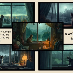 Puede incluir: Un collage de arte digital de cinco escenas de ventanas acogedoras, cada una con un gato mirando un paisaje. Las escenas incluyen lluvia, luz de luna y detalles interiores. El texto indica que son fondos de pantalla para PC.