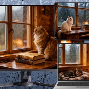 Puede incluir: Una escena acogedora con un gato jengibre junto a una ventana, libros y una vista lluviosa. Un gato blanco está sentado en un escritorio en otra ventana. Un portátil muestra un gato durmiendo cerca de una chimenea.