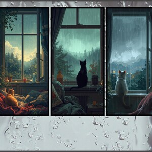May include: A multi-panel artwork depicting cats gazing out of windows at a rainy landscape. The cats are various colors, including orange, black, and tabby. The windows frame views of mountains and forests.