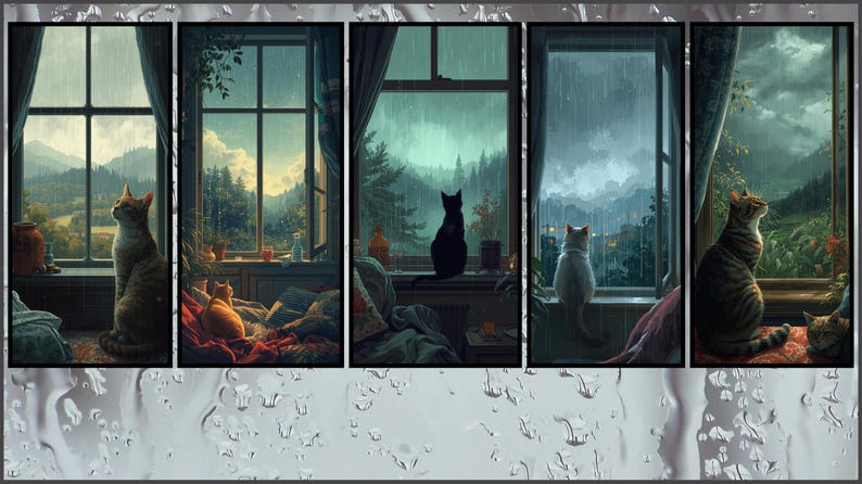 May include: A multi-panel artwork depicting cats gazing out of windows at a rainy landscape. The cats are various colors, including orange, black, and tabby. The windows frame views of mountains and forests.