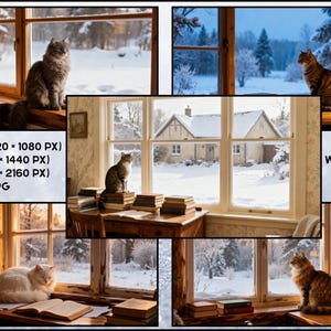 Puede incluir: Un collage de cinco fondos de pantalla para PC con temática invernal, cada uno con un gato cerca de una ventana con vistas a un paisaje nevado. Las imágenes incluyen pilas de libros y el texto "FULL HD", "2K", "4K", "JPG" y "5 WALLPAPERS FOR PC".