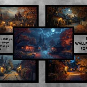 Puede incluir: Cinco fondos de pantalla digitales para PC con pintorescas escenas de pueblo al anochecer. Las imágenes muestran casas pintorescas, calles empedradas y vibrante follaje otoñal, con resoluciones de hasta 4K.