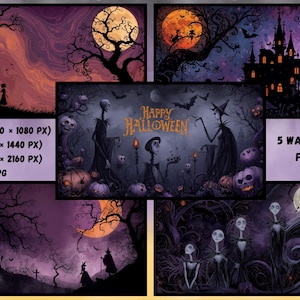 Puede incluir: Una colección de cinco fondos de pantalla para PC con temática de Halloween. Las imágenes presentan escenas espeluznantes con lunas llenas, siluetas de árboles, casas encantadas y personajes como esqueletos y brujas. La imagen central tiene el texto "Happy Halloween".