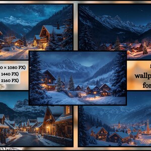 Puede incluir: Un collage de cinco imágenes de paisajes invernales con pueblos nevados en valles con montañas al fondo. Las imágenes están etiquetadas con resoluciones: FULL HD, 2K y 4K. El texto dice "5 wallpapers for pc."