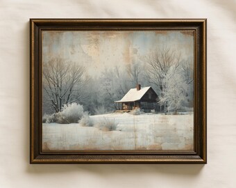 Quiet Winter Cabin – Rustic Snow Landscape Digital Wall Art, Vintage Winter Cabin Scene, Peaceful Winter Morning – Cozy Cabin in the Snow
