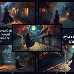 Puede incluir: Un collage de arte digital con cinco escenas atmosféricas de una bruja caminando por una calle adoquinada por la noche. Las escenas están ambientadas en un pueblo europeo con iluminación cálida y follaje otoñal. También es visible el texto "5 WALLPAPERS FOR PC".