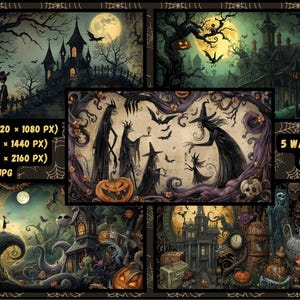 Puede incluir: Una colección de cinco fondos de pantalla para PC con temática de Halloween. Las imágenes presentan escenas espeluznantes con casas embrujadas, brujas, calabazas, murciélagos y lunas llenas. El texto indica que los fondos de pantalla están disponibles en Full HD, 2K y 4K.