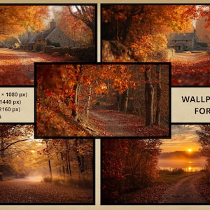 May include: A collage of autumn landscape images. The scenes feature roads and paths lined with trees in vibrant shades of orange and red. One image shows a stone house. The text "WALLPAPERS FOR PC" is visible.