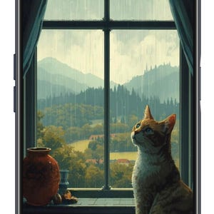 May include: A digital art image on a smartphone screen depicts a ginger cat gazing out a window at a rainy landscape. The scene includes a window, curtains, a vase, and a view of mountains.