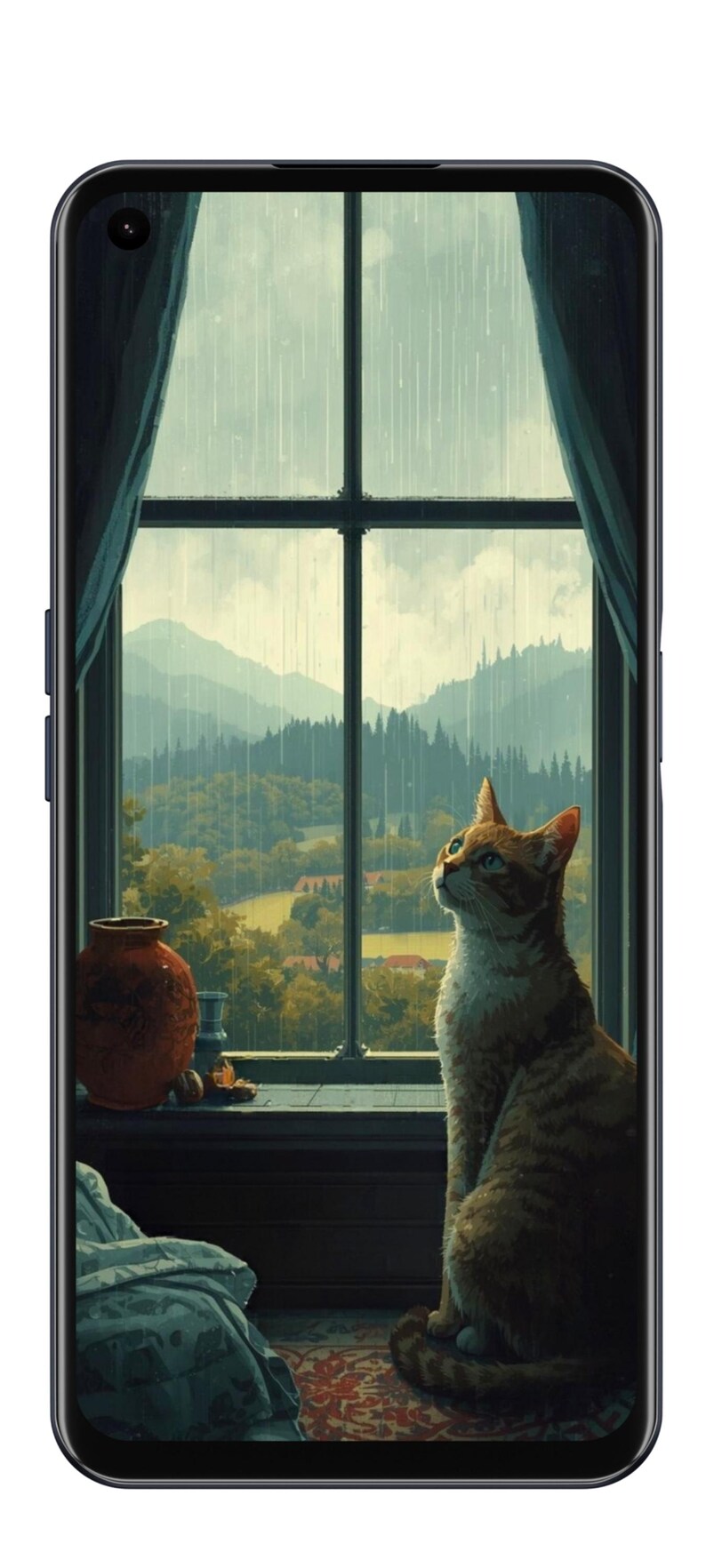 May include: A digital art image on a smartphone screen depicts a ginger cat gazing out a window at a rainy landscape. The scene includes a window, curtains, a vase, and a view of mountains.