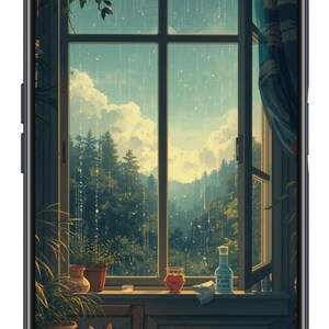 May include: A digital illustration of a cozy indoor scene. A ginger cat sits on a bed, looking out a large window at a rainy forest landscape. The window is framed by curtains and plants, creating a warm, inviting atmosphere.