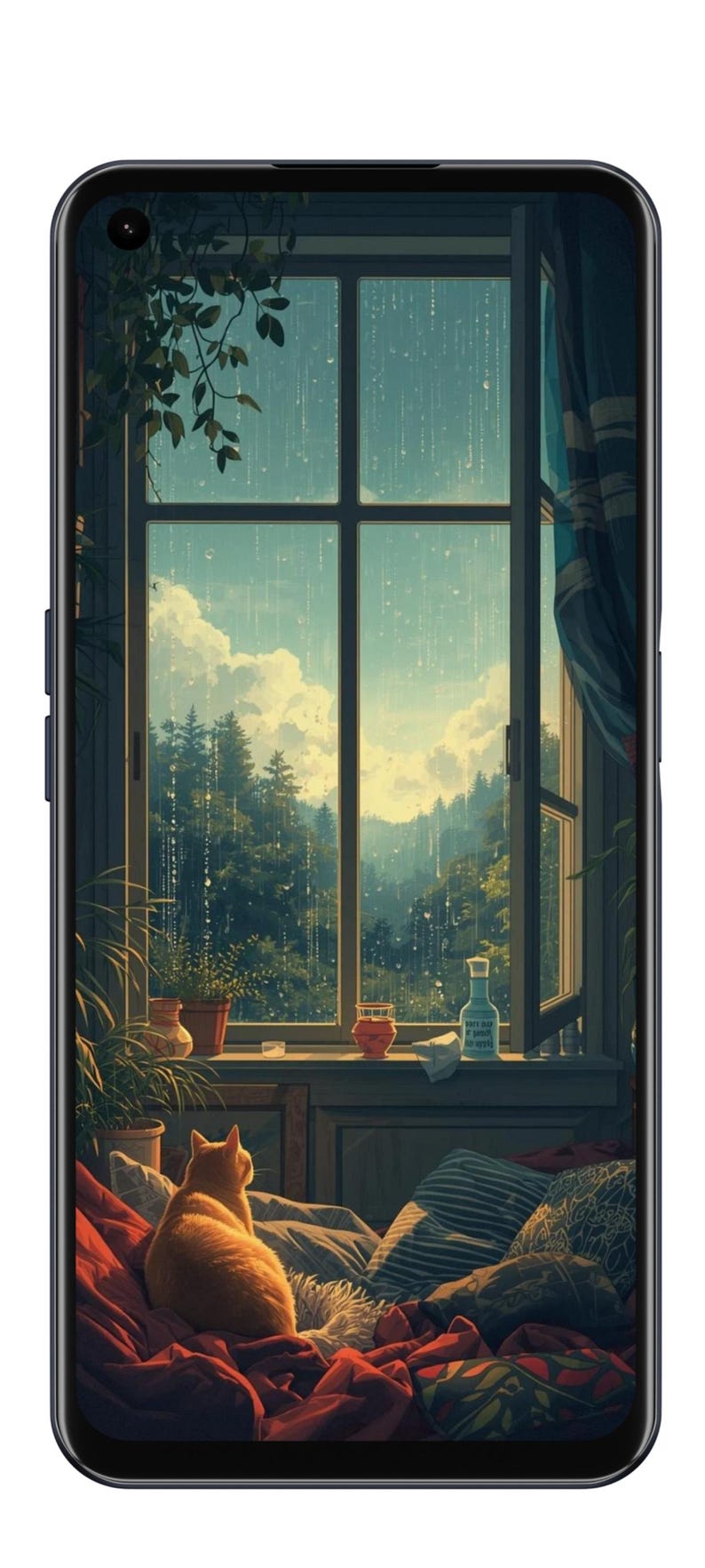 May include: A digital illustration of a cozy indoor scene. A ginger cat sits on a bed, looking out a large window at a rainy forest landscape. The window is framed by curtains and plants, creating a warm, inviting atmosphere.