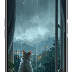 May include: Smartphone screen displaying a digital illustration of a cat looking out a window at a rainy cityscape. The cat is white and gray, and the scene is set in a muted color palette.