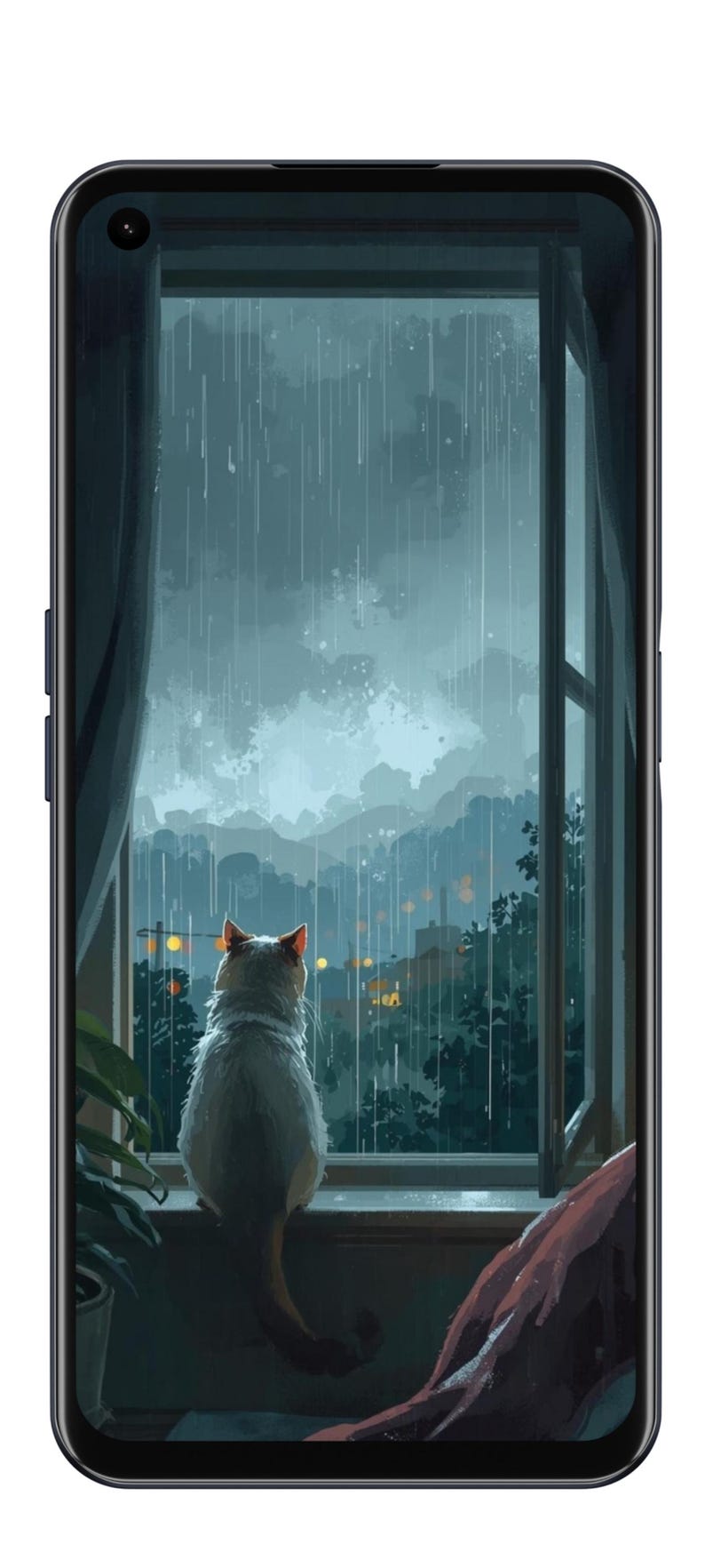 May include: Smartphone screen displaying a digital illustration of a cat looking out a window at a rainy cityscape. The cat is white and gray, and the scene is set in a muted color palette.