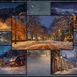 Puede incluir: Un collage de imágenes de paisajes invernales, con calles, edificios y montañas cubiertas de nieve. Las imágenes incluyen texto que indica opciones de resolución: FULL HD, 2K y 4K, junto con el texto "5 wallpapers for pc".