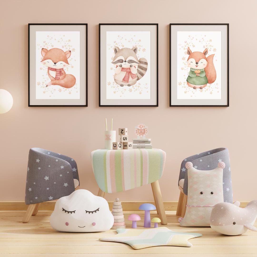 Woodland Nursery Prints Set of 3, Cute Fox Raccoon Squirrel Wall Art ...