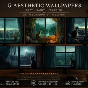 Pode incluir: Cinco papéis de parede digitais para PC e portátil com gatos a olhar por janelas para cenas chuvosas e tranquilas. O texto inclui 5 AESTHETIC WALLPAPERS, COZY RAINY PEACEFUL, DIGITAL DOWNLOAD FOR PC & LAPTOP, 5 UNIQUE SCENES, INSTANT DOWNLOAD, FULL HD 2K 4K.
