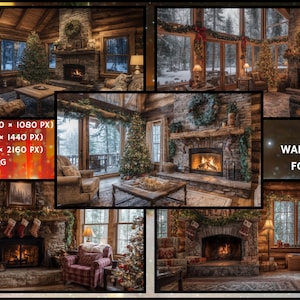 Puede incluir: Un collage de interiores de cabañas acogedoras decoradas para Navidad. Cada escena presenta una chimenea, un árbol de Navidad y adornos festivos. La imagen incluye texto que indica la disponibilidad de fondos de pantalla para PC en varias resoluciones.